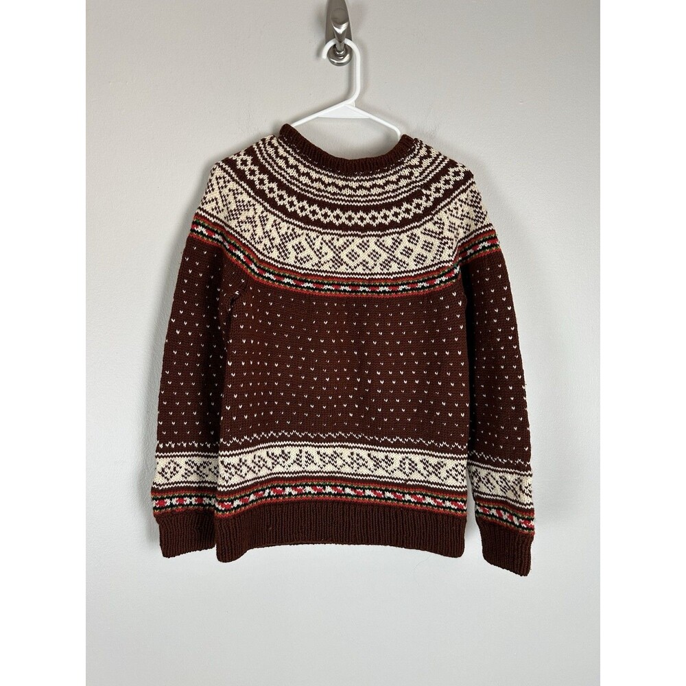 Vintage L Hand Knit Sweater Pullover Fair Isle Nordic Western Country Folk Brown